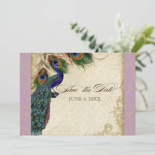 Invitation Peacock & Feathers Formal Enregistrer la date Aqua (Debout devant)