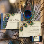 Invitation Peacock & Feathers Formal Enregistrer la date Mari<br><div class="desc">SÉLECTION DU PAPIER : Ceci est montré sur "papier de base", un autre grand choix serait "glace métallique" qui est une surface brillante blanche et percée. Il serait également magnifique sur le lin "Champagne Metallic", feutre ou l'un des autres choix. PALETTE DE COULEUR : horizon bleu, tan, crème, bleu marine,...</div>