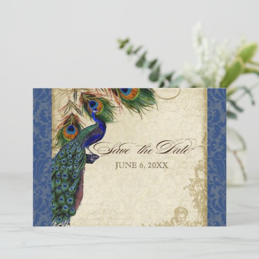 Invitation Peacock & Feathers Formal Enregistrer la date Mari (Debout devant)