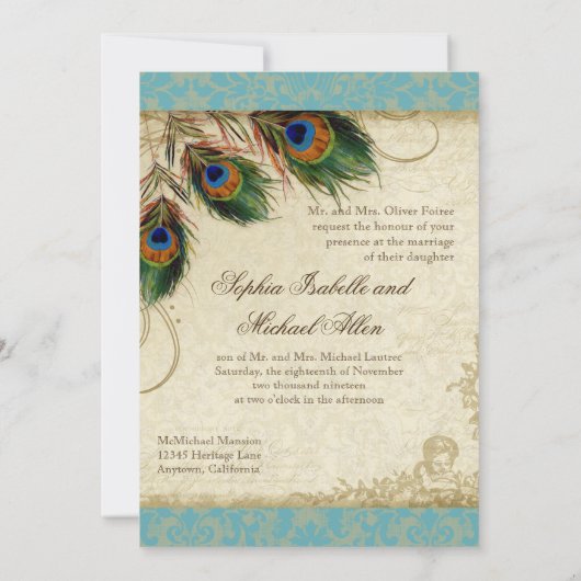 Invitation Peacock & Feathers Mariage formel Inviter Aqua Blu (Dos)