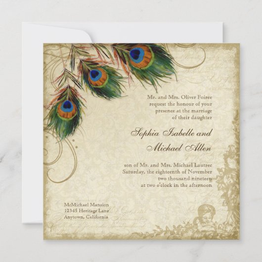 Invitation Peacock & Feathers Mariage formel Inviter Aqua Blu (Dos)