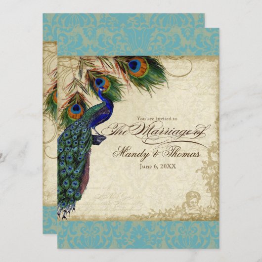 Invitation Peacock & Feathers Mariage formel Inviter Aqua Blu (Devant / Derrière)
