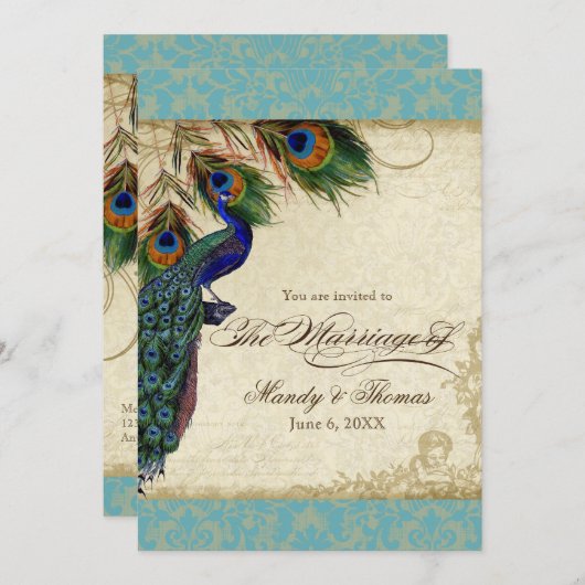 Invitation Peacock & Feathers Mariage formel Inviter Aqua Blu (Devant / Derrière)