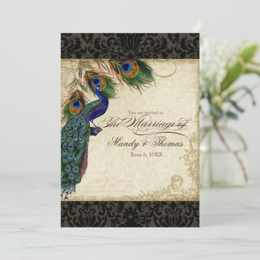 Invitation Peacock & Feathers Mariage formel Inviter Noir (Debout devant)