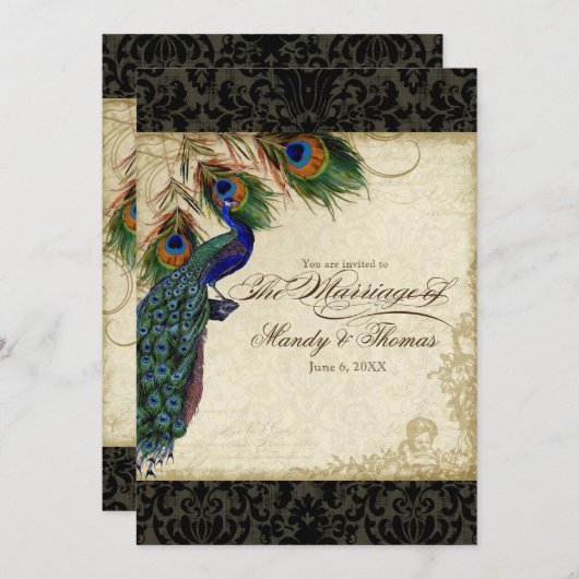 Invitation Peacock & Feathers Mariage formel Inviter Noir (Devant / Derrière)
