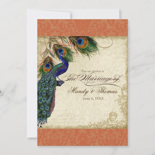 Invitation Peacock & Feathers Mariage formel Inviter orange (Devant)