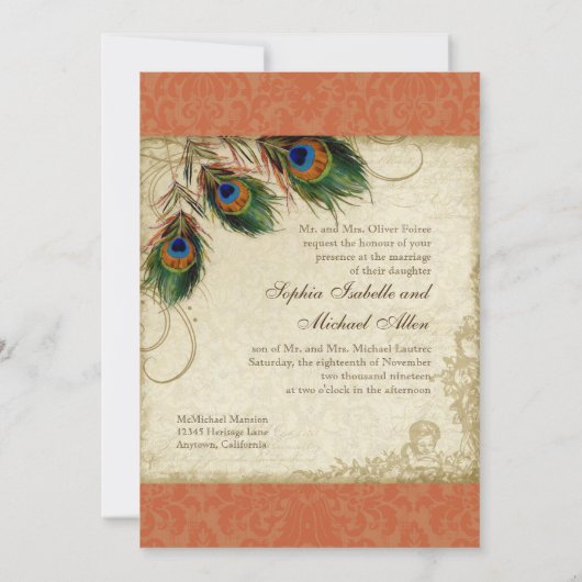 Invitation Peacock & Feathers Mariage formel Inviter orange (Dos)
