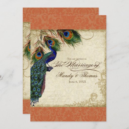 Invitation Peacock & Feathers Mariage formel Inviter orange (Devant / Derrière)