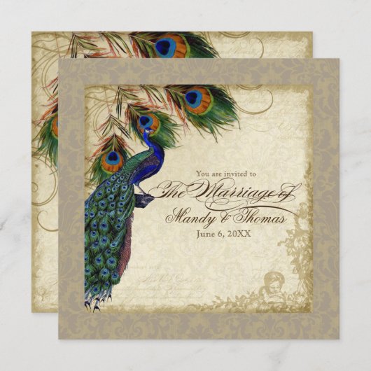 Invitation Peacock & Feathers Mariage formel Inviter Taupe Ta (Devant / Derrière)