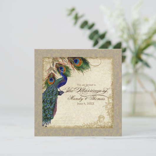 Invitation Peacock & Feathers Mariage formel Inviter Taupe Ta (Debout devant)