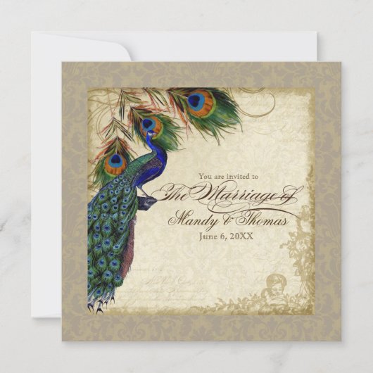 Invitation Peacock & Feathers Mariage formel Inviter Taupe Ta (Devant)