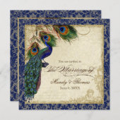Invitation Peacock & Feathers Marine Blue Lace Mariage Carré (Devant / Derrière)
