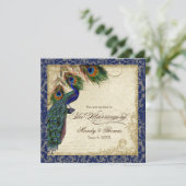 Invitation Peacock & Feathers Marine Blue Lace Mariage Carré (Debout devant)