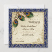 Invitation Peacock & Feathers Marine Blue Lace Mariage Carré (Dos)