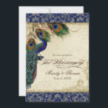 Invitation Peacock & Feathers Marine Blue Lace Wedding Invita<br><div class="desc">Cette collection de mariage d'inspiration vintage antique dispose d'une suite complète de produits et peut être créée de plusieurs manières colorées. Cette conception consiste en un paon majestueux sur une branche d'arbre élément d'art vintage superposé trois plumes de paon et sur une gravure d'ange, tourbillons, écriture manuscrite antique, parchemin en...</div>