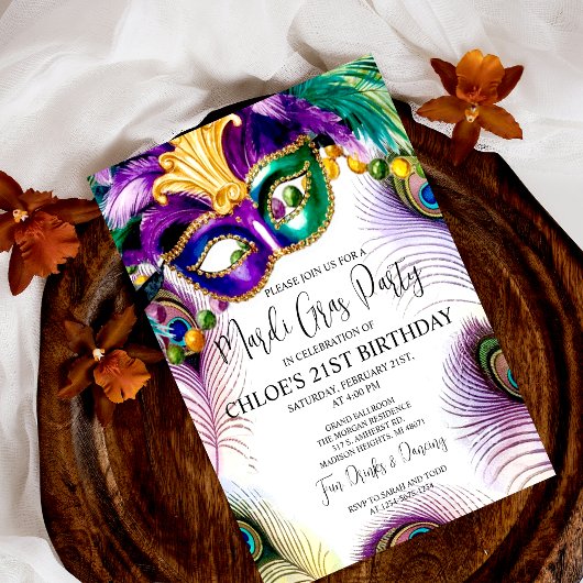 Invitation Peacock Feathers Masque Mardi Gras Masquerade Part