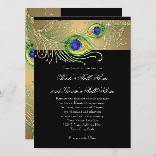 Invitation Peacock Feathers or n Black Modern Jewel Swirl (Devant / Derrière)