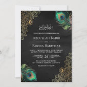 Invitation Peacock Feathers QR Code Mariage musulman noir (Devant)