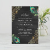 Invitation Peacock Feathers QR Code Mariage musulman noir (Debout devant)