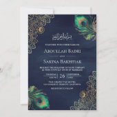 Invitation Peacock Feathers QR Code Marine bleu Mariage musul (Devant)