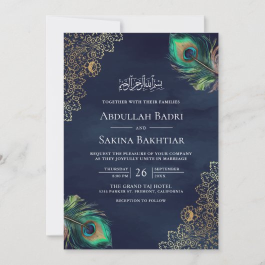 Invitation Peacock Feathers QR Code Marine bleu Mariage musul (Devant)