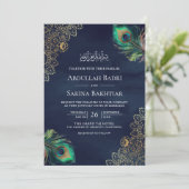 Invitation Peacock Feathers QR Code Marine bleu Mariage musul (Debout devant)
