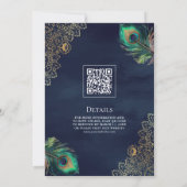 Invitation Peacock Feathers QR Code Marine bleu Mariage musul (Dos)