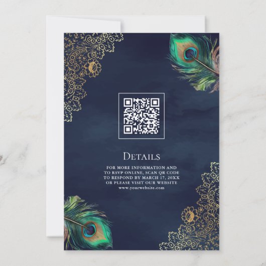 Invitation Peacock Feathers QR Code Marine bleu Mariage musul (Dos)