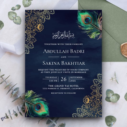 Invitation Peacock Feathers QR Code Marine bleu Mariage musul