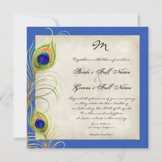 Invitation Peacock Feathers Royal Blue Wedding Invite (Devant)