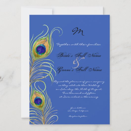 Invitation Peacock Feathers Royal Cobalt Blue Wedding Invite (Devant)