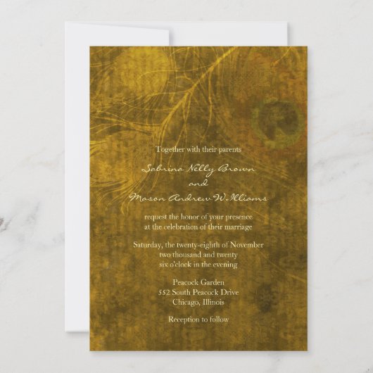 Invitation Peacock Feathers Rustic Fall Brown Mariage (Dos)