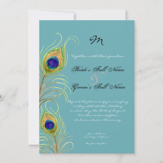 Invitation Peacock Feathers Turquoise Bleu Élégant Mariage In (Devant)
