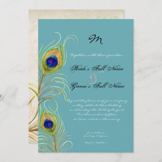 Invitation Peacock Feathers Turquoise Bleu Élégant Mariage In (Devant / Derrière)