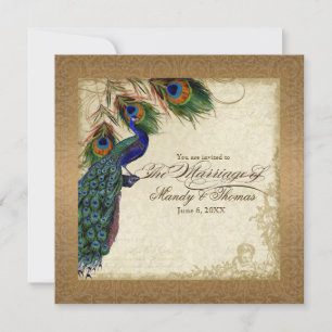 Invitation Peacock & Feathers Vintage Gold Look Damask Swirl