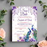 Invitation Peacock fleur violet mariage indien enregistrer la<br><div class="desc">Aquarelle Peacock et fleurs violettes mariage indien enregistrer la date éditable invitations modèle instantanément téléchargement numérique. Deux beaux paons violet fleurs de jasmin glyteria suspendus fleurs et guirlandes enregistrer la date invitation modèle</div>