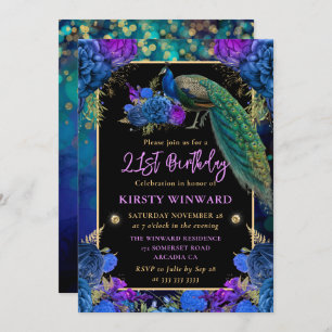 Invitation Peacock floral bleu et violet 21e anniversaire