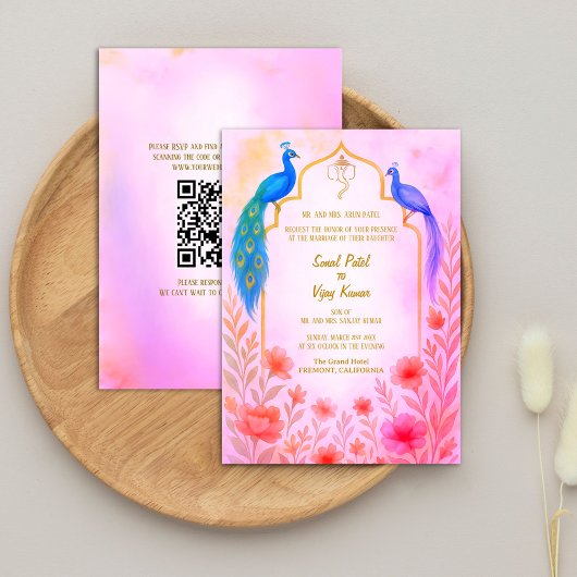 Invitation Peacock Floral Indien Hindu Mariage QR Code