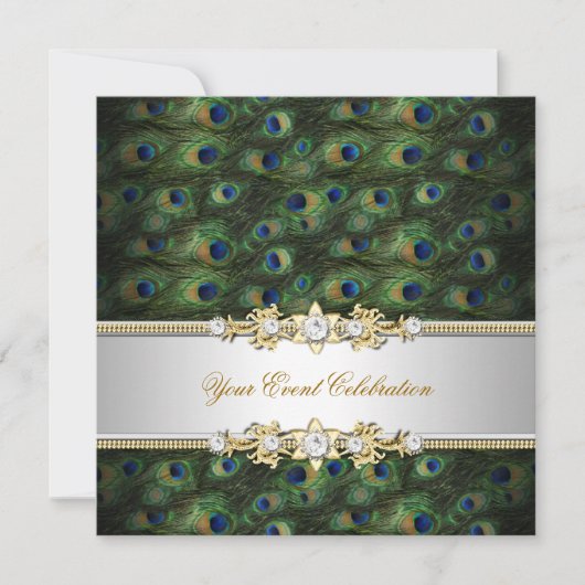 Invitation Peacock Green Blue Gold Élégant Party (Devant)