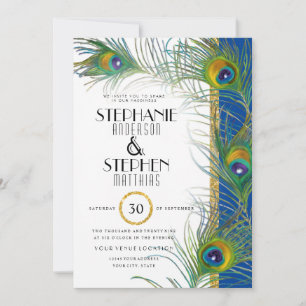 Invitation Peacock indien Plumes Typographie Or moderne