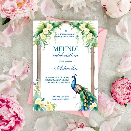 Invitation Peacock jasmine arche mariage indien mehndi