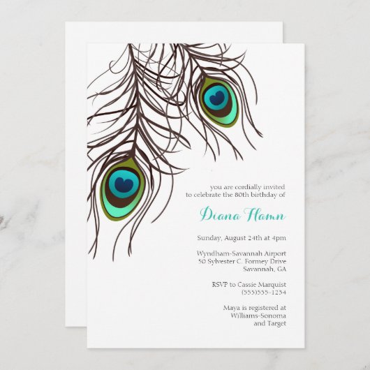 Invitation PEACOCK - Mariage, Anniversaire et plus (Devant / Derrière)
