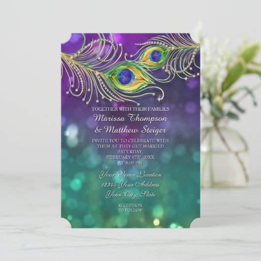 Invitation Peacock Mariage Bijoux Plumes Bokeh (Debout devant)