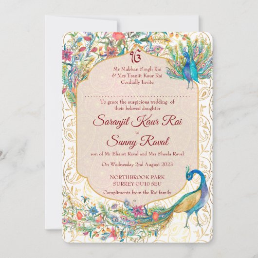 Invitation Peacock motif indien mariage pour la mariée (Devant)