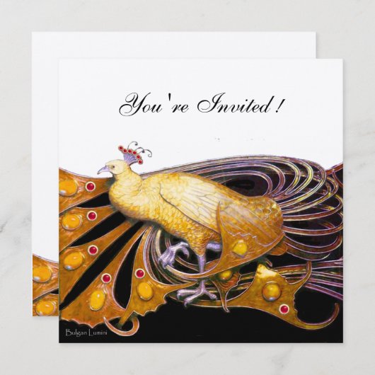 Invitation PEACOCK noir, jaune blanc champagne métallique (Devant / Derrière)