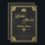 Invitation Peacock or Peacock Art Déco moderne Fête des marié<br><div class="desc">Inspiré par l'époque Art déco glamour. Cette invitation à la douche nuptiale est parfaite pour quelqu'un qui recherche un thème classique et élégant. Le point central est un paon magnifique, symbolisant la beauté et l'abondance. Contre un arrière - plan noir sophistiqué, les riches accents dorés apportent une touche de luxe...</div>