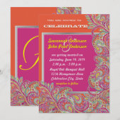 Invitation Peacock Paisley Tangerine Mustard Jaune Fuchsia (Devant / Derrière)