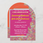 Invitation Peacock Paisley Tangerine Mustard Jaune Fuchsia (Devant / Derrière)