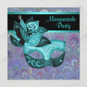 Invitation Peacock Paisley Turquoise Blue Purple Masquerade