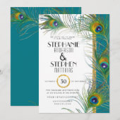 Invitation Peacock Plumes Art Déco Parties scintillant d'or T (Devant / Derrière)